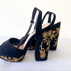 Stacked Heel Embroidered Sandals